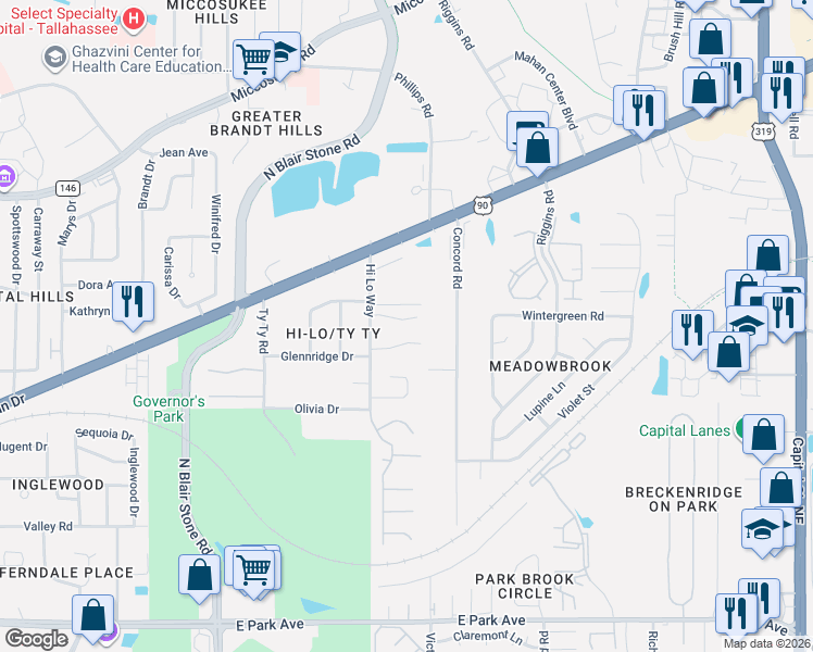 map of restaurants, bars, coffee shops, grocery stores, and more near 2228 Shirley Ann Court in Tallahassee