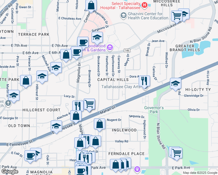 map of restaurants, bars, coffee shops, grocery stores, and more near 924 Spottswood Drive in Tallahassee