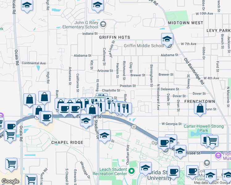 map of restaurants, bars, coffee shops, grocery stores, and more near 1342 Nylic Street in Tallahassee