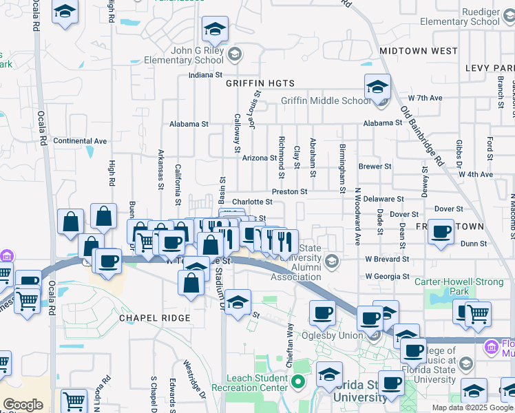map of restaurants, bars, coffee shops, grocery stores, and more near 1342 Nylic Street in Tallahassee