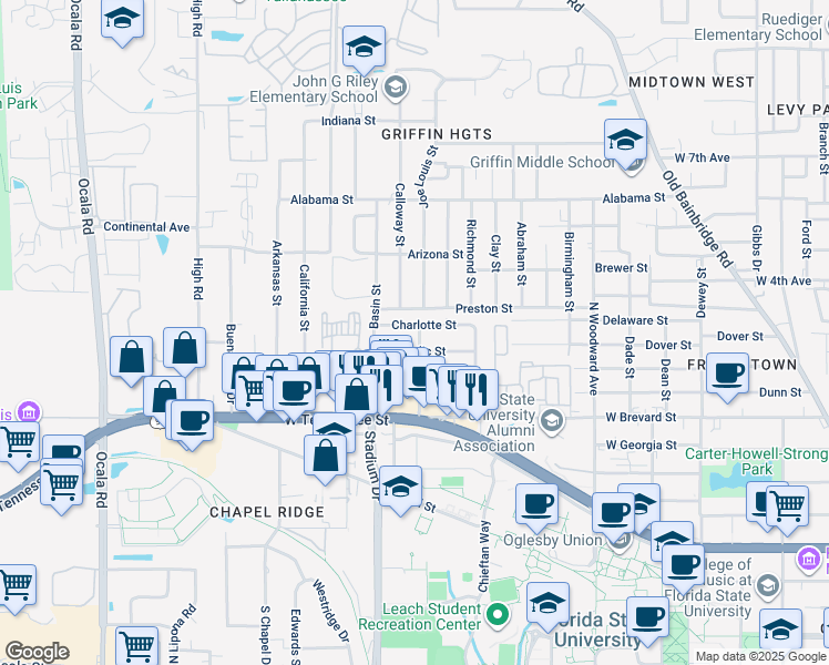 map of restaurants, bars, coffee shops, grocery stores, and more near 1342 Nylic Street in Tallahassee