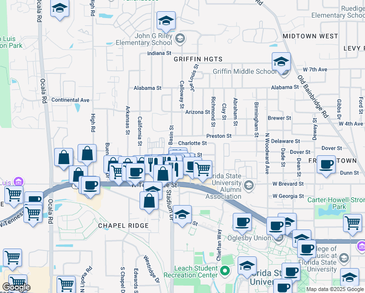 map of restaurants, bars, coffee shops, grocery stores, and more near 1414 Nylic Street in Tallahassee
