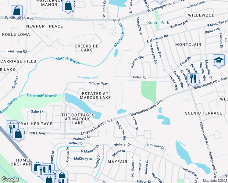 map of restaurants, bars, coffee shops, grocery stores, and more near 4610 Bridgedale Road in Pensacola