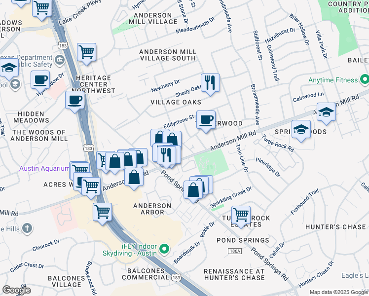 map of restaurants, bars, coffee shops, grocery stores, and more near 9300 Anderson Mill Road in Austin