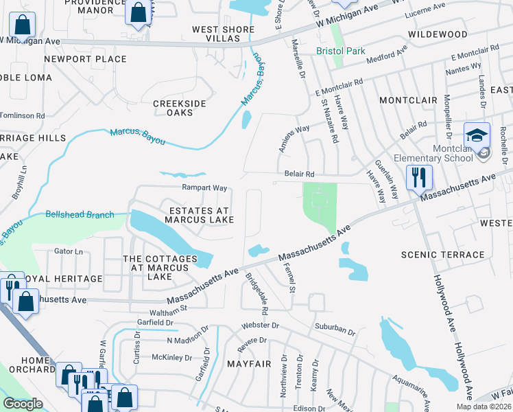 map of restaurants, bars, coffee shops, grocery stores, and more near 4610 Bridgedale Road in Pensacola