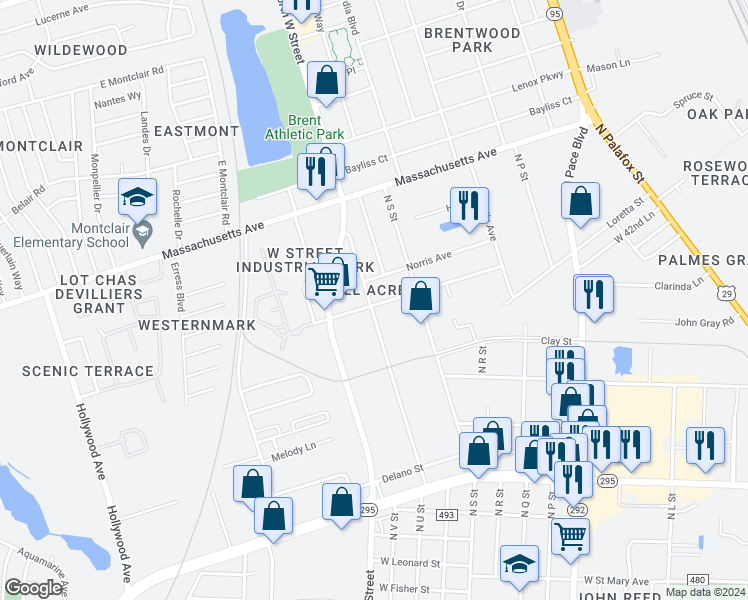 map of restaurants, bars, coffee shops, grocery stores, and more near 3600 Andrew Avenue in Pensacola