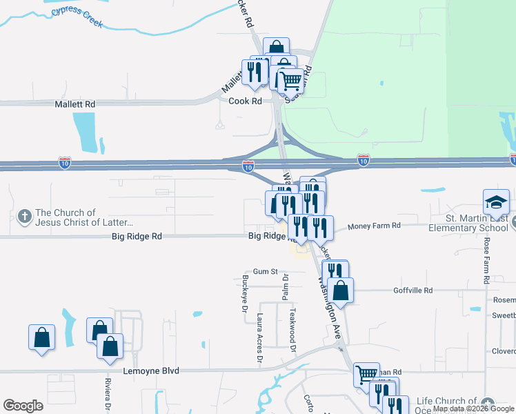 map of restaurants, bars, coffee shops, grocery stores, and more near 14104 Big Ridge Road in Biloxi