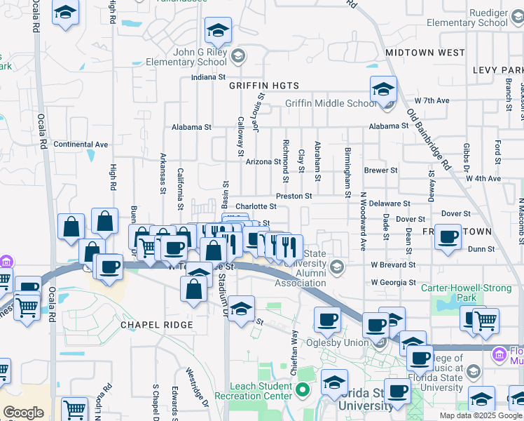 map of restaurants, bars, coffee shops, grocery stores, and more near 1342 Nylic Street in Tallahassee