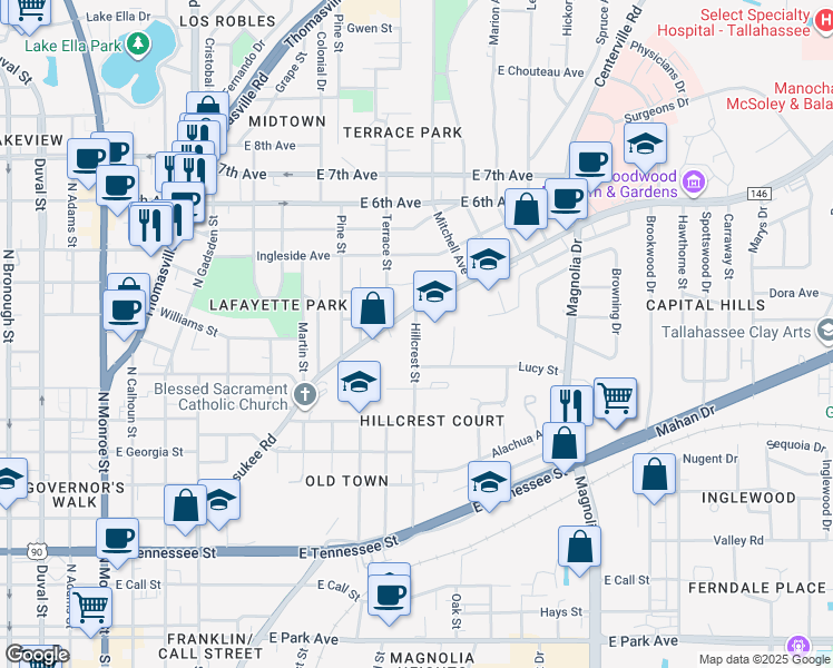 map of restaurants, bars, coffee shops, grocery stores, and more near 915 Hillcrest Street in Tallahassee