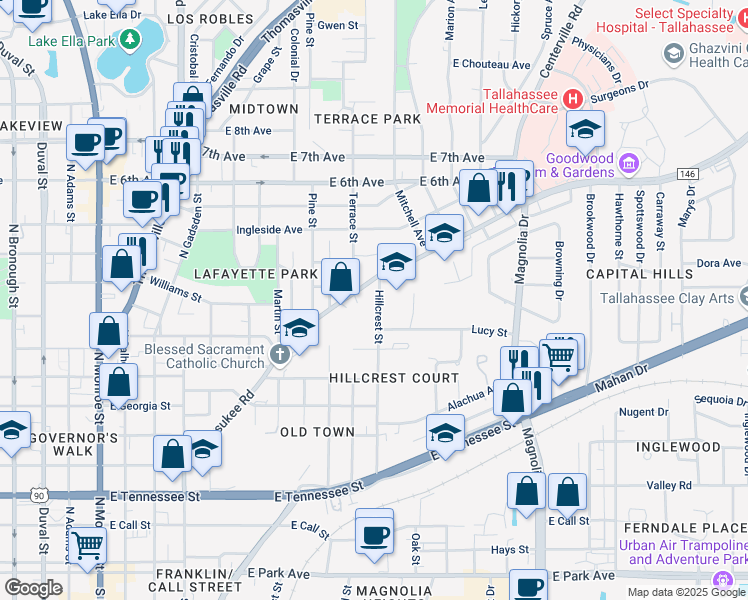 map of restaurants, bars, coffee shops, grocery stores, and more near 910 Hillcrest Street in Tallahassee