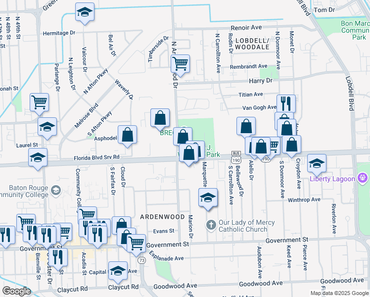 map of restaurants, bars, coffee shops, grocery stores, and more near 6201 Florida Boulevard in Baton Rouge