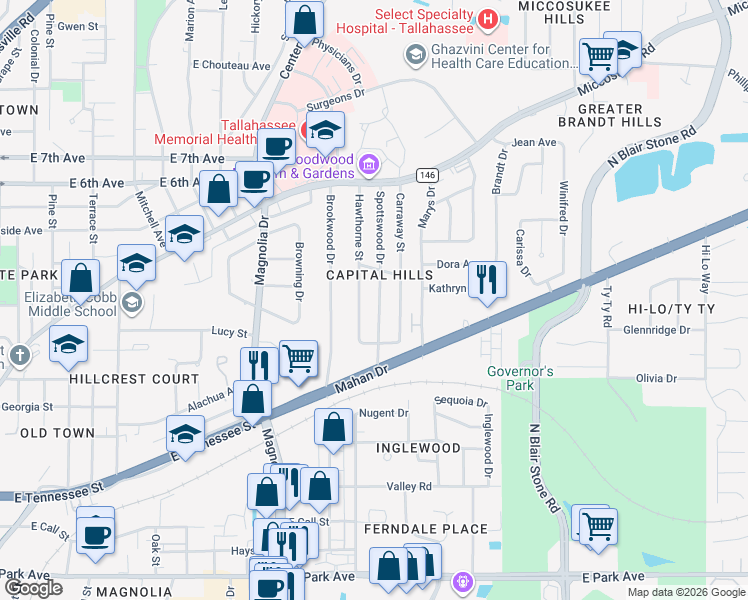 map of restaurants, bars, coffee shops, grocery stores, and more near 924 Spottswood Drive in Tallahassee