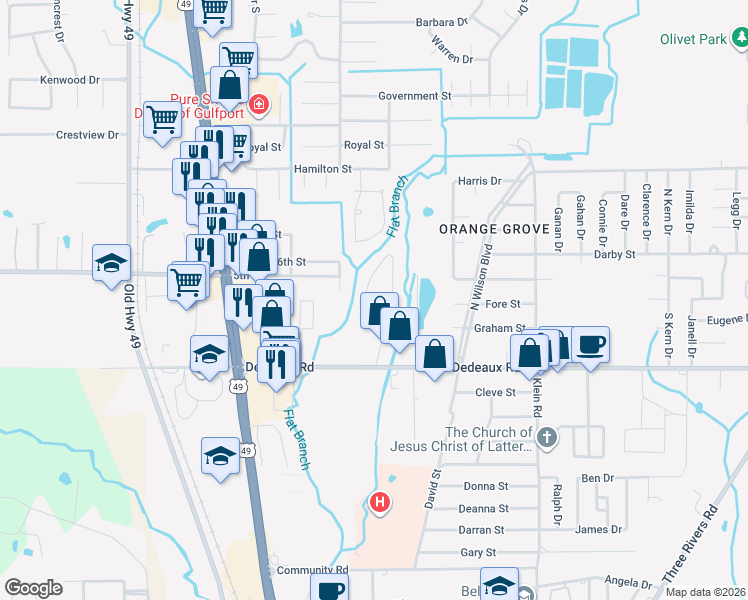 map of restaurants, bars, coffee shops, grocery stores, and more near 11333 Dye Rd in Gulfport