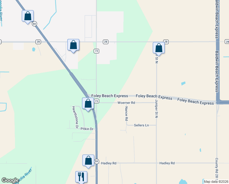 map of restaurants, bars, coffee shops, grocery stores, and more near Foley Beach Express in Foley