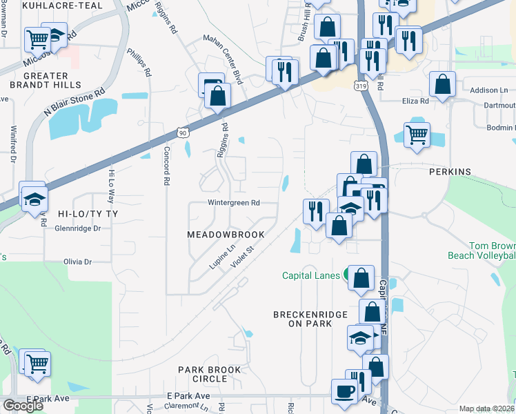 map of restaurants, bars, coffee shops, grocery stores, and more near 772 Lupine Lane in Tallahassee