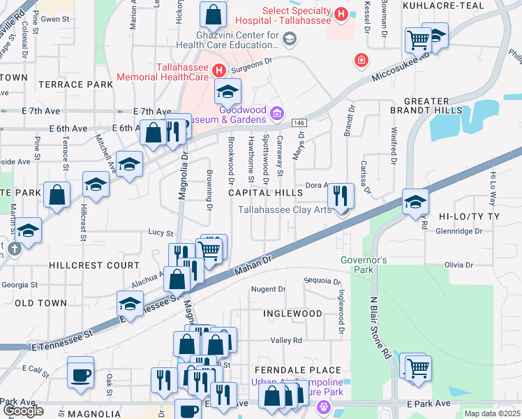 map of restaurants, bars, coffee shops, grocery stores, and more near 924 Spottswood Drive in Tallahassee