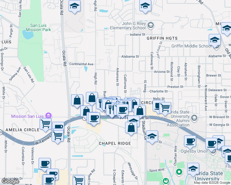 map of restaurants, bars, coffee shops, grocery stores, and more near 756 Arkansas Street in Tallahassee