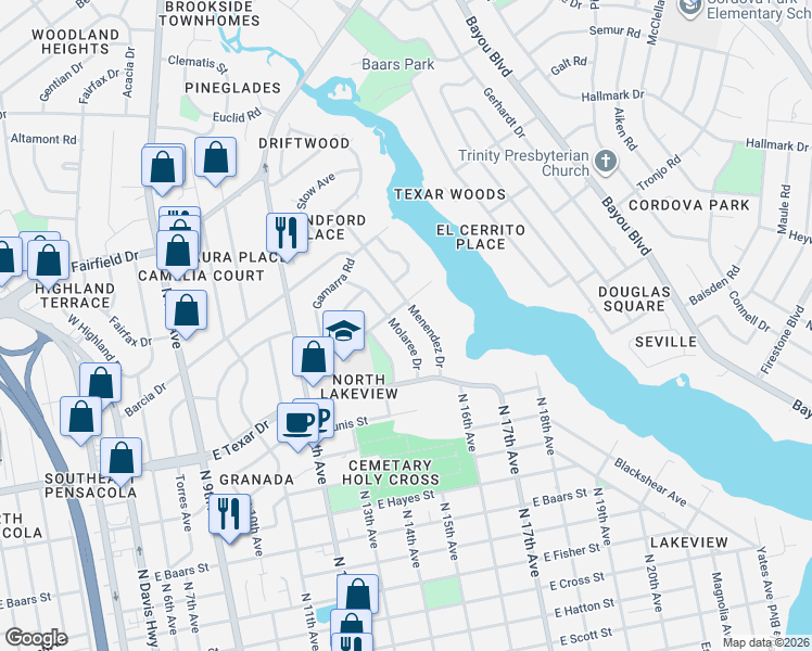 map of restaurants, bars, coffee shops, grocery stores, and more near 3590 Molaree Drive in Pensacola