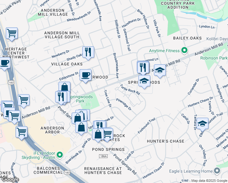 map of restaurants, bars, coffee shops, grocery stores, and more near 9009 Sawtooth Lane in Austin