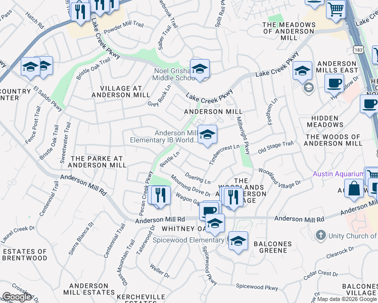 map of restaurants, bars, coffee shops, grocery stores, and more near 10605 Hard Rock Road in Austin