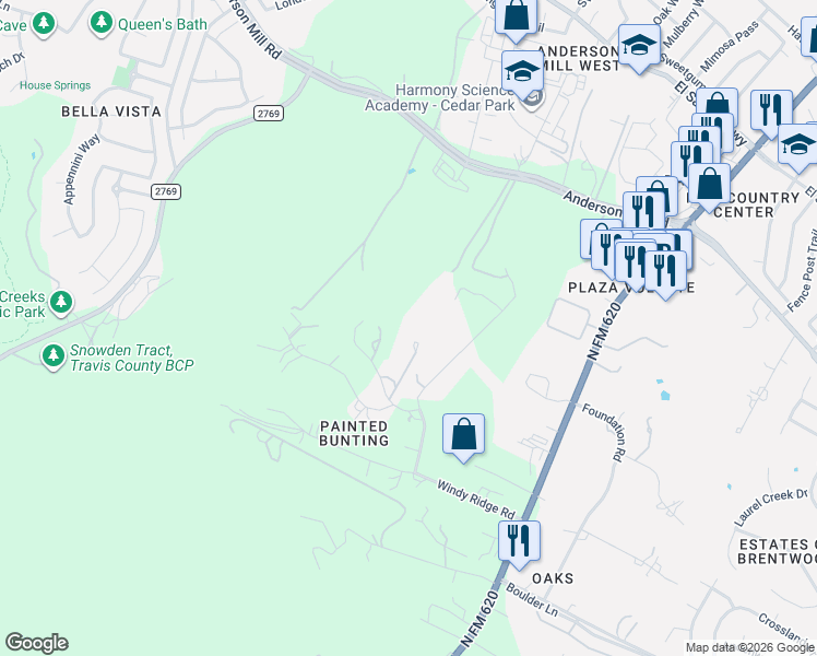 map of restaurants, bars, coffee shops, grocery stores, and more near 12202 Rolston Place in Austin