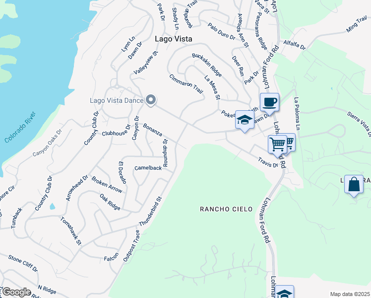 map of restaurants, bars, coffee shops, grocery stores, and more near 20501 Bonanza in Leander