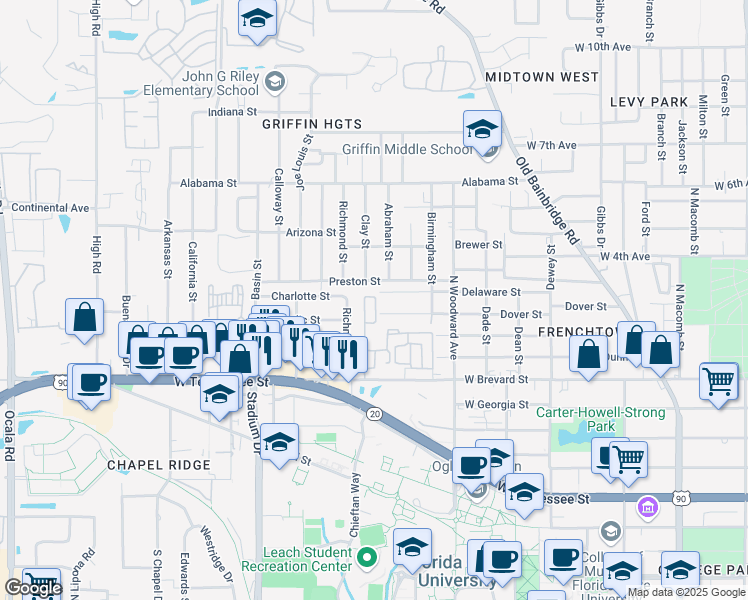 map of restaurants, bars, coffee shops, grocery stores, and more near 982 West Brevard Street in Tallahassee