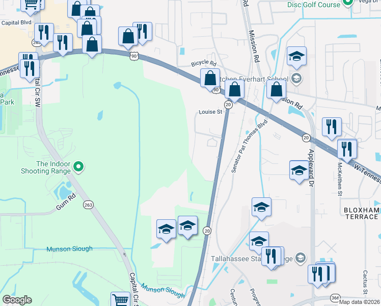 map of restaurants, bars, coffee shops, grocery stores, and more near 1303 Burgess Drive in Tallahassee