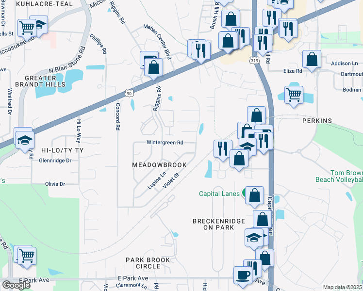 map of restaurants, bars, coffee shops, grocery stores, and more near 772 Lupine Lane in Tallahassee