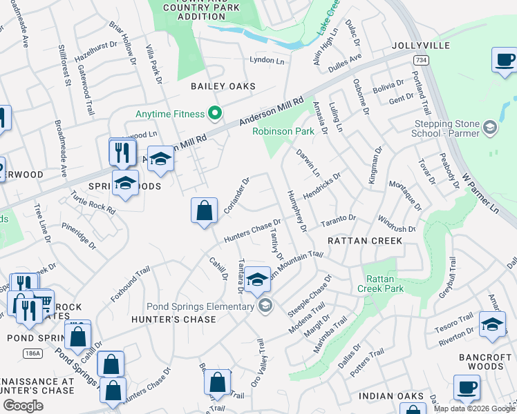 map of restaurants, bars, coffee shops, grocery stores, and more near 13014 Hunters Chase Drive in Austin