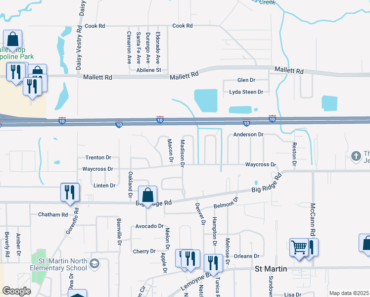 map of restaurants, bars, coffee shops, grocery stores, and more near 7600 Madison Drive in Biloxi