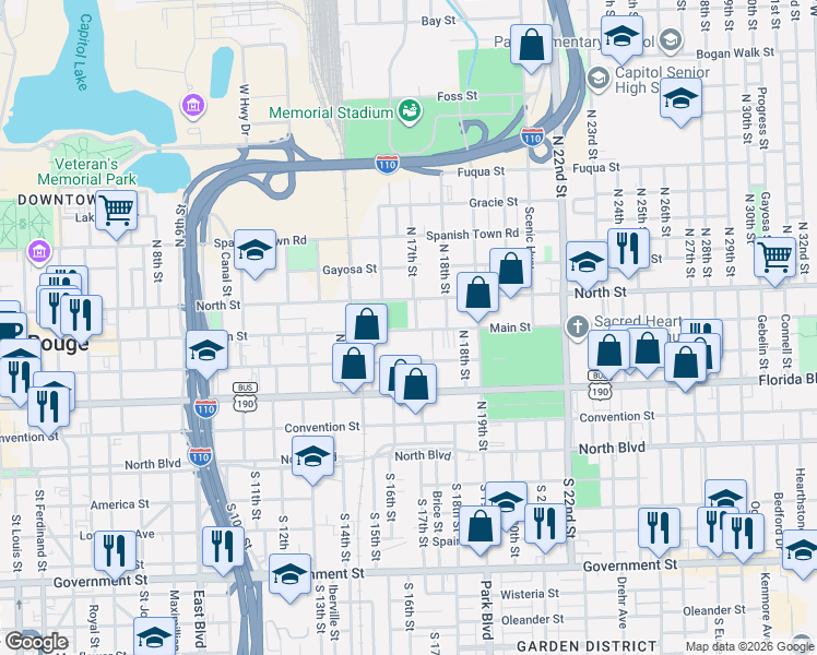 map of restaurants, bars, coffee shops, grocery stores, and more near 1500 Main Street in Baton Rouge