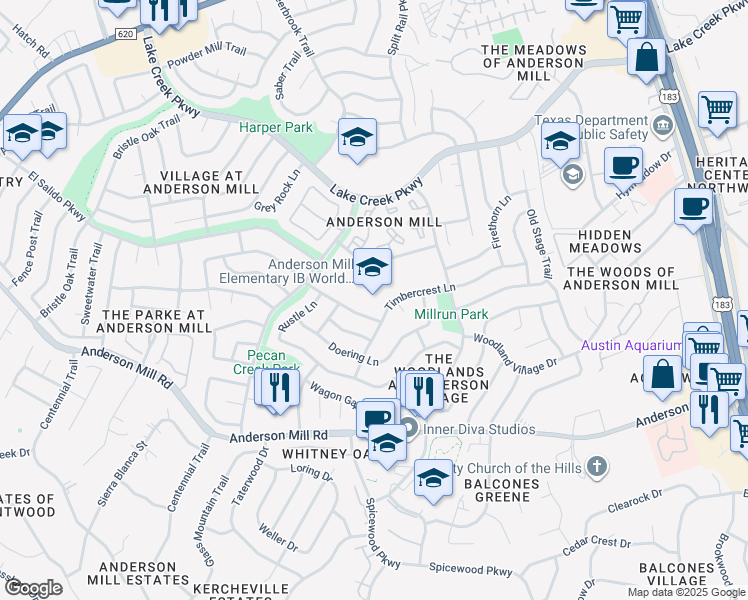 map of restaurants, bars, coffee shops, grocery stores, and more near 10610 Salt Mill Hollow in Austin