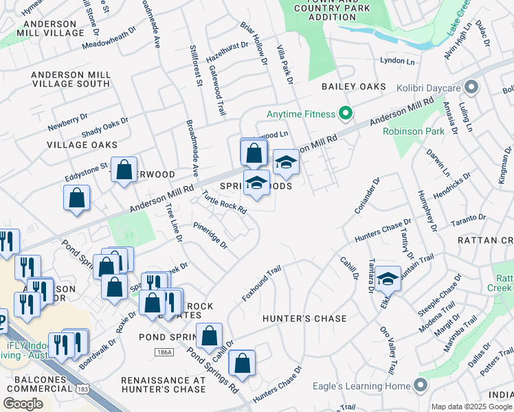 map of restaurants, bars, coffee shops, grocery stores, and more near 8849 Anderson Mill Road in Austin