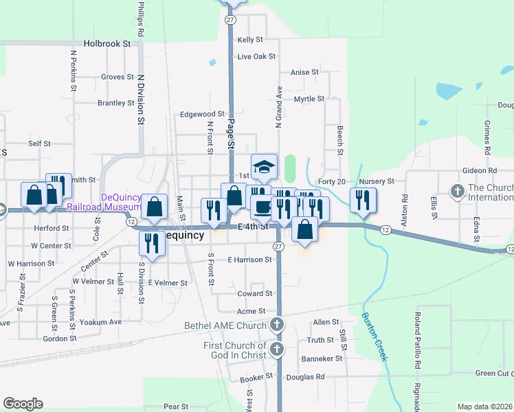 map of restaurants, bars, coffee shops, grocery stores, and more near 304 McNeese Street in DeQuincy