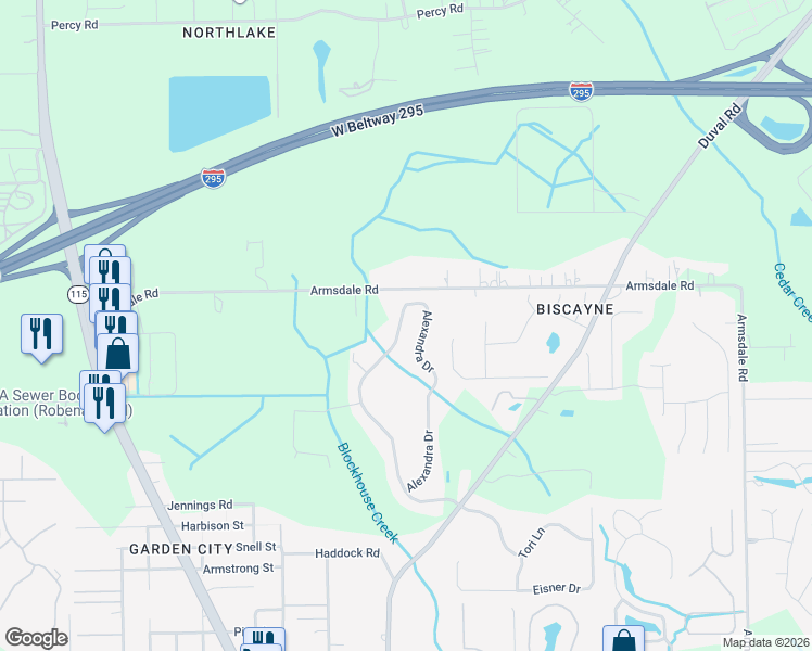 map of restaurants, bars, coffee shops, grocery stores, and more near 11919 Alexandra Drive in Jacksonville