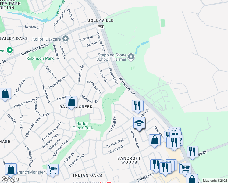 map of restaurants, bars, coffee shops, grocery stores, and more near 7011 West Parmer Lane in Austin