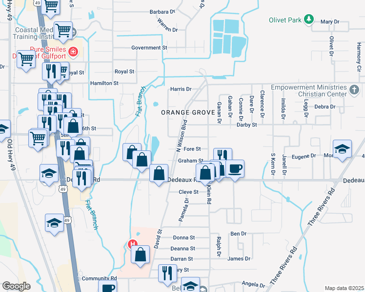 map of restaurants, bars, coffee shops, grocery stores, and more near 203 North Wilson Boulevard in Gulfport