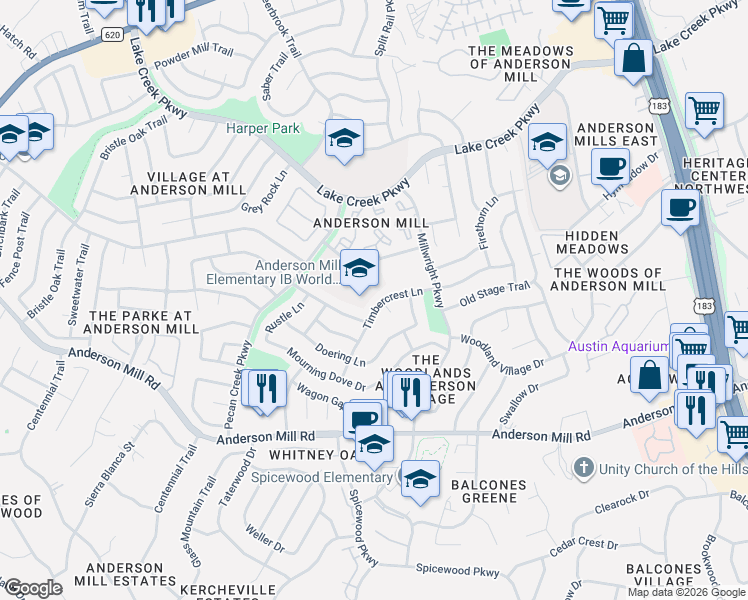 map of restaurants, bars, coffee shops, grocery stores, and more near 10500 Hard Rock Road in Austin