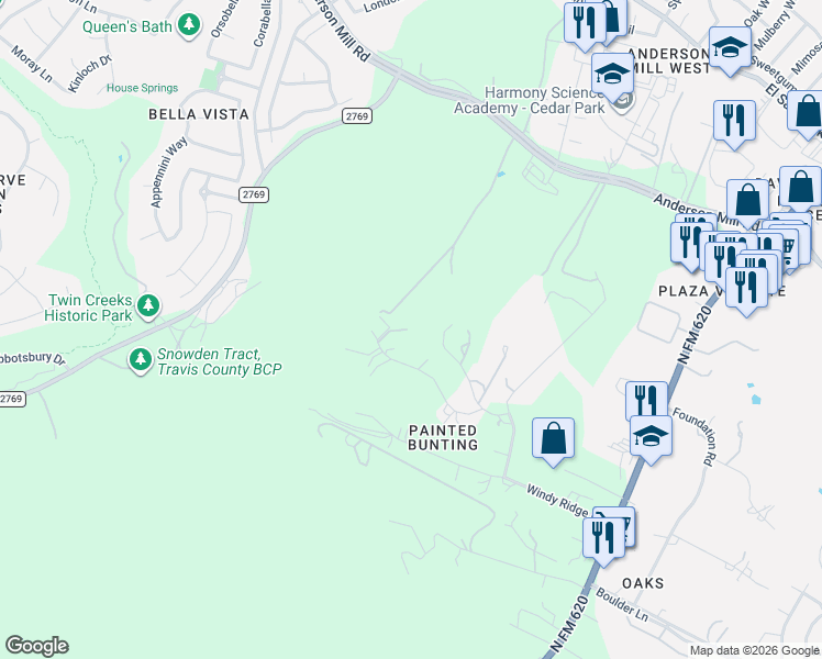 map of restaurants, bars, coffee shops, grocery stores, and more near 12422 Painted Bunting Drive in Austin