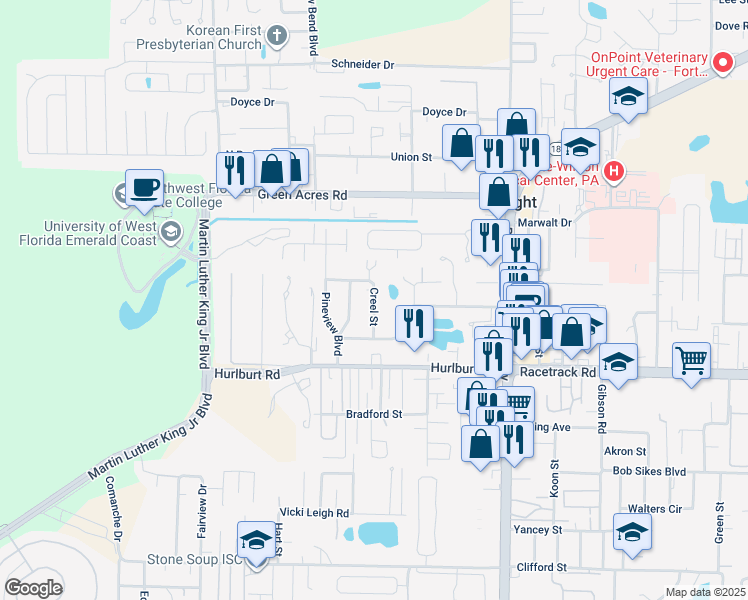 map of restaurants, bars, coffee shops, grocery stores, and more near 1006 Creel Street in Fort Walton Beach