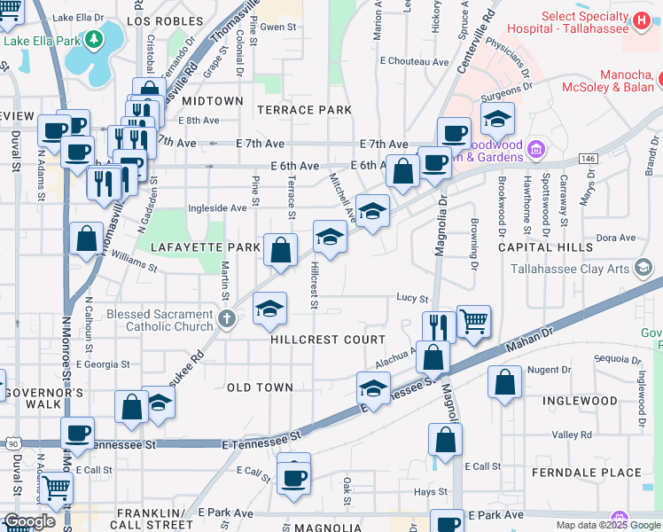 map of restaurants, bars, coffee shops, grocery stores, and more near 915 Hillcrest Street in Tallahassee
