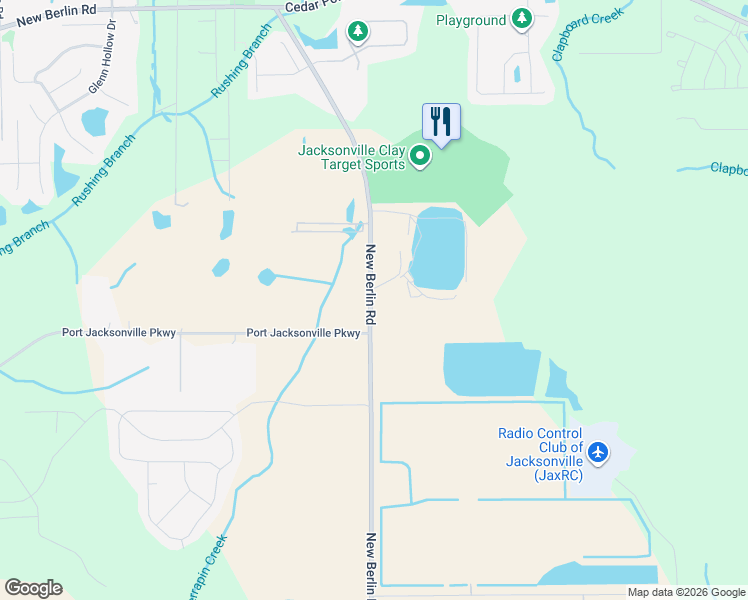map of restaurants, bars, coffee shops, grocery stores, and more near 12245-12349 New Berlin Rd in Jacksonville