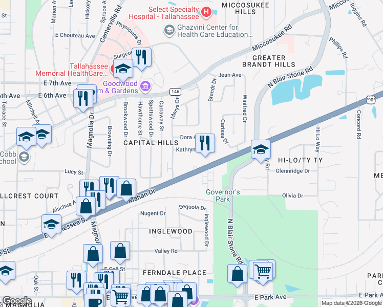 map of restaurants, bars, coffee shops, grocery stores, and more near 1728 Florida 10 in Tallahassee