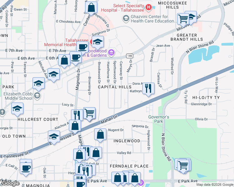 map of restaurants, bars, coffee shops, grocery stores, and more near 923 Carraway Street in Tallahassee