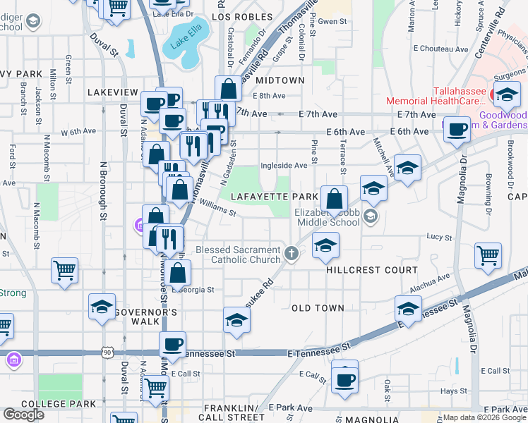 map of restaurants, bars, coffee shops, grocery stores, and more near 535 Williams Street in Tallahassee