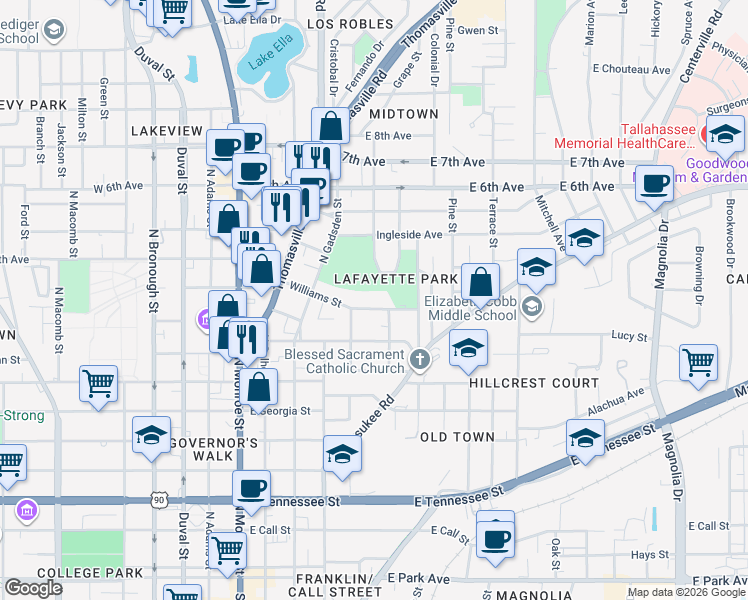 map of restaurants, bars, coffee shops, grocery stores, and more near 535 Williams Street in Tallahassee