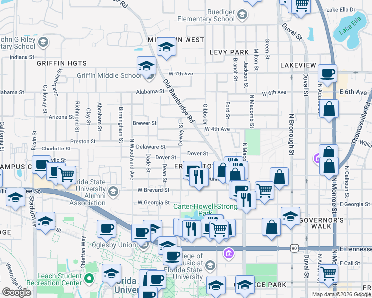 map of restaurants, bars, coffee shops, grocery stores, and more near 1003 Dewey Street in Tallahassee