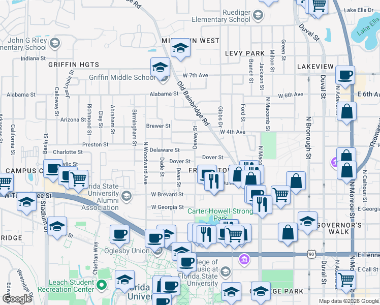 map of restaurants, bars, coffee shops, grocery stores, and more near 1003 Dewey Street in Tallahassee