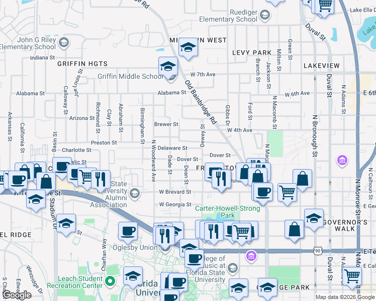 map of restaurants, bars, coffee shops, grocery stores, and more near 802 Dover Street in Tallahassee